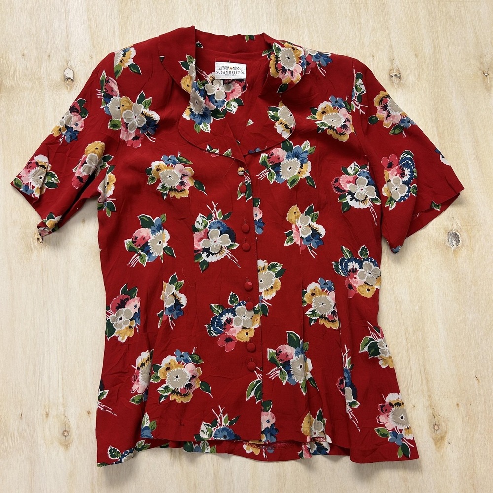Vintage Susan Bristol Blouse Womens 10 Red Floral Button Front Rayon Top